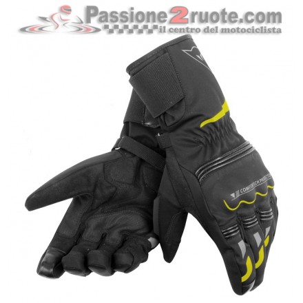 Guanti lunghi moto invernali impermeabili Dainese Tempest D-dry long black yellow waterproof winter gloves