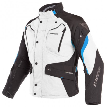 Giacca moto touring adventure 4 stagioni Dainese Dolomiti Goretex light gray black electron blue 4 seasons jacket