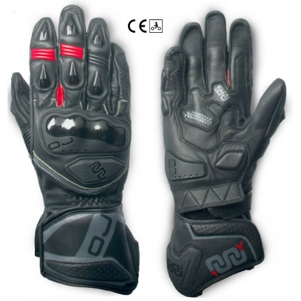 Guanti lunghi pelle moto racing pista Oj Feat nero black long leather gloves