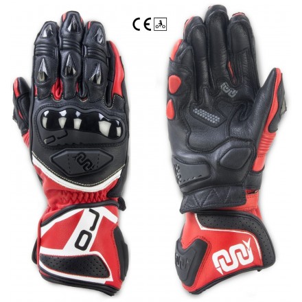 Guanti lunghi pelle moto racing pista Oj Feat nero rosso black red long leather gloves
