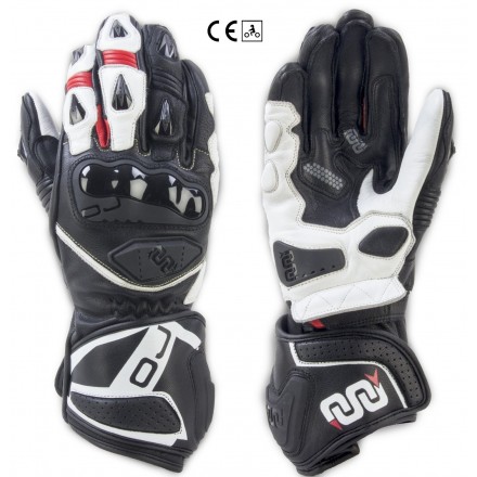 Guanti lunghi pelle moto racing pista Oj Feat nero bianco rosso black white red long leather gloves