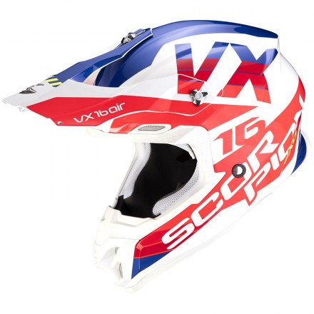 Casco moto cross Scorpion Vx-16 Evo Air X-Turn bianco rosso blu white red off road enduro motard helmet casque