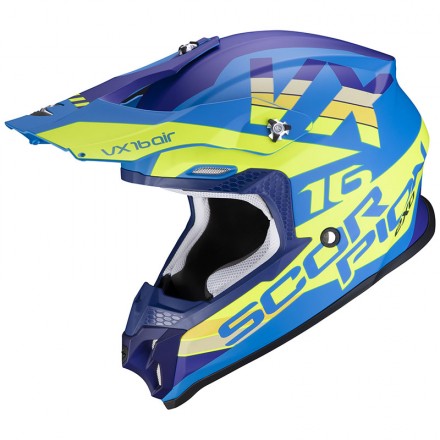 Casco moto cross Scorpion Vx-16 Evo Air X-Turn blu opaco giallo blue mat yellow neon off road enduro motard helmet casque
