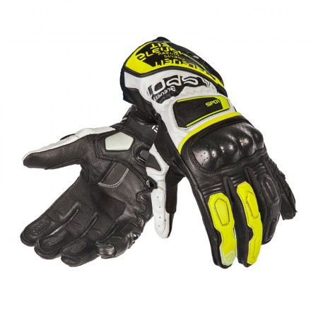 Guanti pelle racing pista corsa sport Eleveit SP-01 nero bianco giallo fluo yellow black white leather gloves