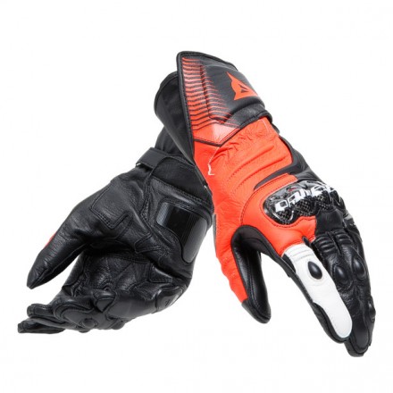 Guanti pelle lunghi moto racing pista corsa Dainese Carbon 4 Long nero rosso bianco Black fluo red white leather gloves