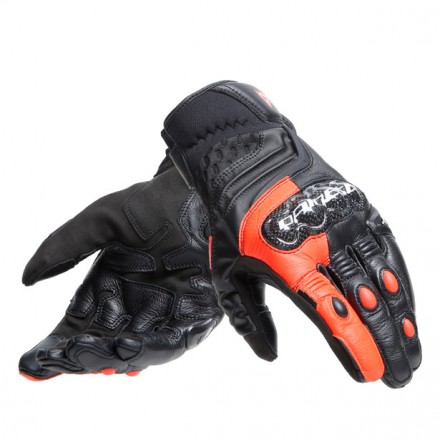 Guanti pelle corti moto Dainese Carbon 4 short nero rosso Black fluo red sportivi leather gloves